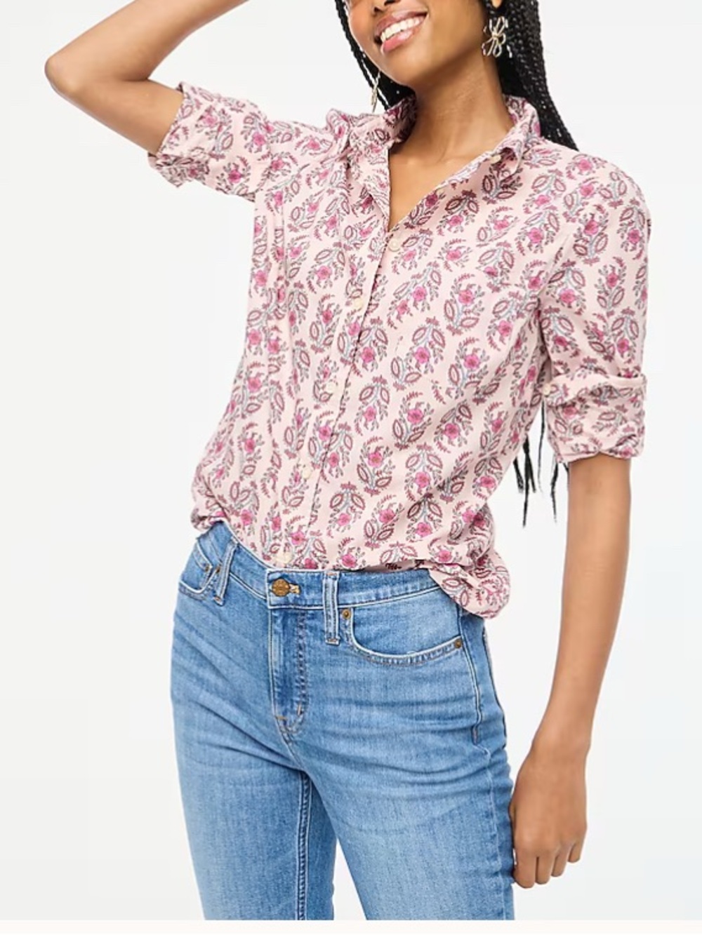 J.Crew Cotton Poplin Pink Floral Paisley Shirt in Signature Fit Size XS